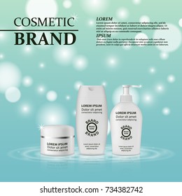 3D realistic cosmetic bottle ads template. Cosmetic brand advertising concept design with glitters and bokeh background.