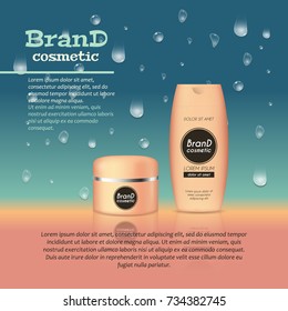3D realistic cosmetic bottle ads template. Cosmetic brand advertising concept design with water bubbles and waterdrops background.