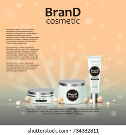 3D realistic cosmetic bottle ads template. Cosmetic brand advertising concept design on glowing background with pearls and sparkles.