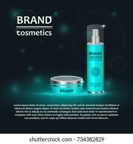 3D realistic cosmetic bottle ads template. Cosmetic brand advertising concept design with glitters and bokeh background.