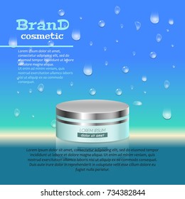3D realistic cosmetic bottle ads template. Cosmetic brand advertising concept design with water bubbles and waterdrops background.