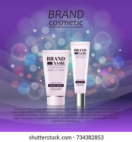 3D realistic cosmetic bottle ads template. Cosmetic brand advertising concept design with glitters and bokeh background.
