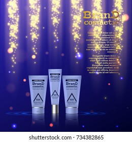 3D realistic cosmetic bottle ads template. Cosmetic brand advertising concept design with glitters and bokeh background.