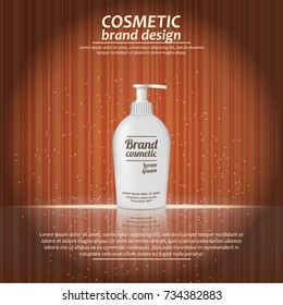 3D realistic cosmetic bottle ads template. Cosmetic brand advertising concept design with glowing sparkles on abstract texture background.