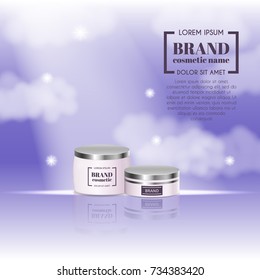 3D realistic cosmetic bottle ads template. Cosmetic brand advertising concept design on sky background with clouds.