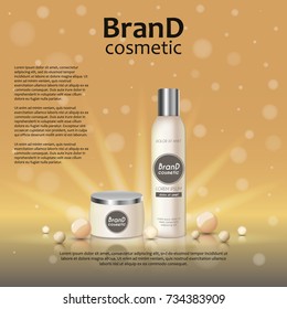 3D realistic cosmetic bottle ads template. Cosmetic brand advertising concept design on glowing background with pearls and sparkles.