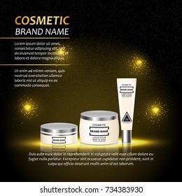 3D realistic cosmetic bottle ads template. Cosmetic brand advertising concept design with abstract glowing lights and sparkles background.