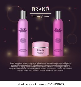 3D realistic cosmetic bottle ads template. Cosmetic brand advertising concept design with glitters and bokeh background.