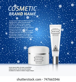 3D realistic cosmetic bottle ads template. Cosmetic brand advertising concept design on winter background with snowflakes.