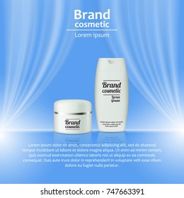 3D realistic cosmetic bottle ads template. Cosmetic brand advertising concept design with wavy light abstract background.