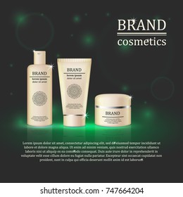 3D realistic cosmetic bottle ads template. Cosmetic brand advertising concept design with glitters and bokeh background.