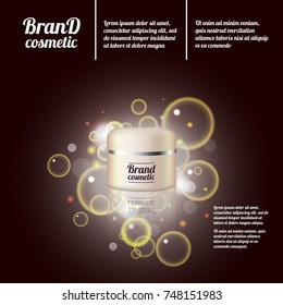 3D realistic cosmetic bottle ads template. Cosmetic brand advertising concept design with bubbles and sparkles.