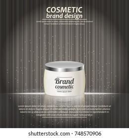 3D realistic cosmetic bottle ads template. Cosmetic brand advertising concept design with glowing sparkles on abstract texture background.