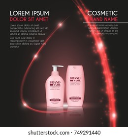 3D realistic cosmetic bottle ads template. Cosmetic brand advertising concept design with glowing sparkles and glitters abstract background.