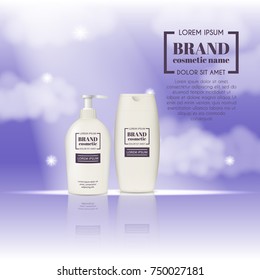 3D realistic cosmetic bottle ads template. Cosmetic brand advertising concept design on sky background with clouds.