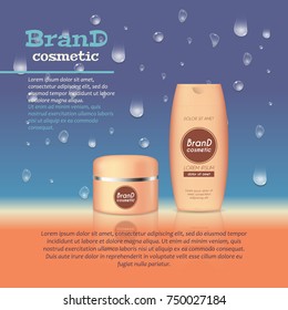 3D realistic cosmetic bottle ads template. Cosmetic brand advertising concept design with water bubbles and waterdrops background.