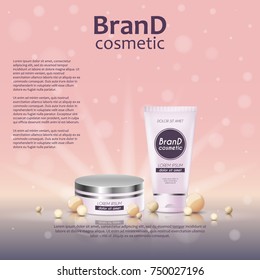 3D realistic cosmetic bottle ads template. Cosmetic brand advertising concept design on glowing background with pearls and sparkles.