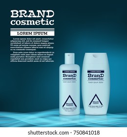 3D realistic cosmetic bottle ads template. Cosmetic brand advertising concept design with abstract glowing waves.