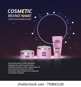 3D realistic cosmetic bottle ads template. Cosmetic brand advertising concept design with glitters and sparkles abstract sky background.