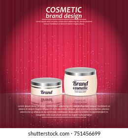 3D realistic cosmetic bottle ads template. Cosmetic brand advertising concept design with glowing sparkles on abstract texture background.