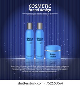 3D realistic cosmetic bottle ads template. Cosmetic brand advertising concept design with glowing sparkles on abstract texture background.