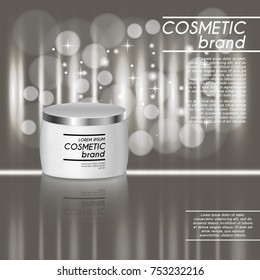 3D realistic cosmetic bottle ads template. Cosmetic brand advertising concept design with glitters and bokeh background.