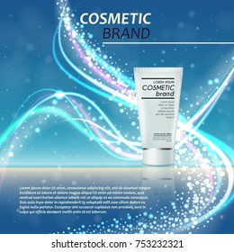 3D realistic cosmetic bottle ads template. Cosmetic brand advertising concept design with glitters and bokeh background.