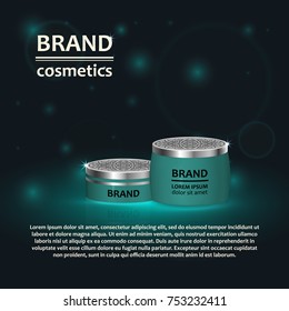 3D realistic cosmetic bottle ads template. Cosmetic brand advertising concept design with glitters and bokeh background.