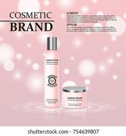 3D realistic cosmetic bottle ads template. Cosmetic brand advertising concept design with glitters and bokeh background.