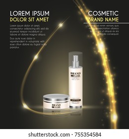 3D realistic cosmetic bottle ads template. Cosmetic brand advertising concept design with glowing sparkles and glitters abstract background.
