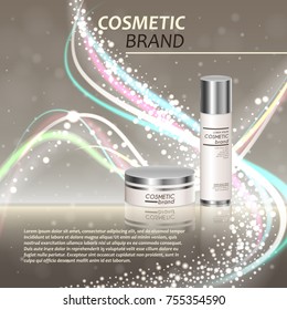 3D realistic cosmetic bottle ads template. Cosmetic brand advertising concept design with glitters and bokeh background.