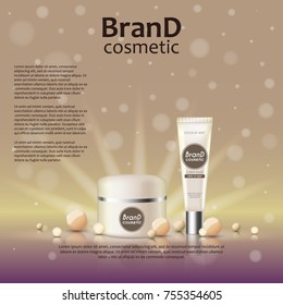 3D realistic cosmetic bottle ads template. Cosmetic brand advertising concept design on glowing background with pearls and sparkles.