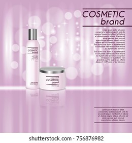 3D realistic cosmetic bottle ads template. Cosmetic brand advertising concept design with glitters and bokeh background.
