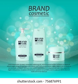 3D realistic cosmetic bottle ads template. Cosmetic brand advertising concept design with glitters and bokeh background.