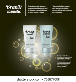3D realistic cosmetic bottle ads template. Cosmetic brand advertising concept design with bubbles and sparkles.