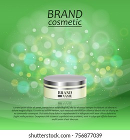 3D realistic cosmetic bottle ads template. Cosmetic brand advertising concept design with glitters and bokeh background.