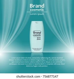 3D realistic cosmetic bottle ads template. Cosmetic brand advertising concept design with wavy light abstract background.