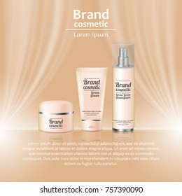 3D realistic cosmetic bottle ads template. Cosmetic brand advertising concept design with wavy light abstract background.