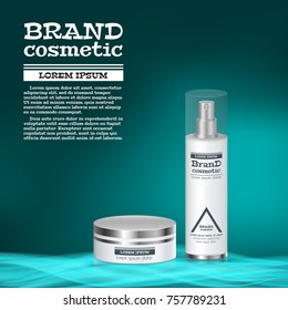 3D realistic cosmetic bottle ads template. Cosmetic brand advertising concept design with abstract glowing waves.