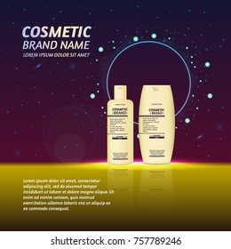 3D realistic cosmetic bottle ads template. Cosmetic brand advertising concept design with glitters and sparkles abstract sky background.
