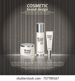 3D realistic cosmetic bottle ads template. Cosmetic brand advertising concept design with glowing sparkles on abstract texture background.