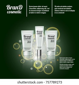 3D realistic cosmetic bottle ads template. Cosmetic brand advertising concept design with bubbles and sparkles.