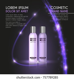 3D realistic cosmetic bottle ads template. Cosmetic brand advertising concept design with glowing sparkles and glitters abstract background.