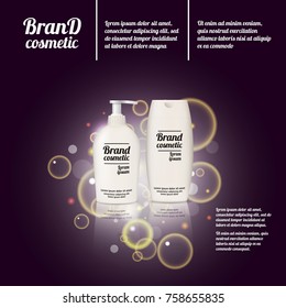 3D realistic cosmetic bottle ads template. Cosmetic brand advertising concept design with bubbles and sparkles.