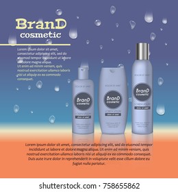 3D realistic cosmetic bottle ads template. Cosmetic brand advertising concept design with water bubbles and waterdrops background.
