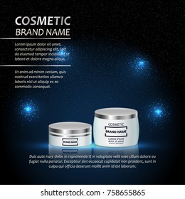 3D realistic cosmetic bottle ads template. Cosmetic brand advertising concept design with abstract glowing lights and sparkles background.