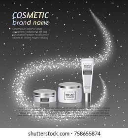 3D realistic cosmetic bottle ads template. Cosmetic brand advertising concept design with glittering dust background.