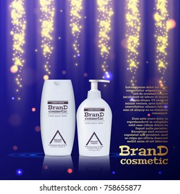 3D realistic cosmetic bottle ads template. Cosmetic brand advertising concept design with glitters and bokeh background.