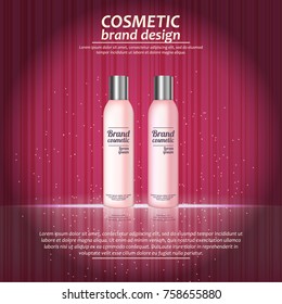 3D realistic cosmetic bottle ads template. Cosmetic brand advertising concept design with glowing sparkles on abstract texture background.