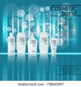 3D realistic cosmetic bottle ads template. Cosmetic brand advertising concept design with glitters and bokeh background.